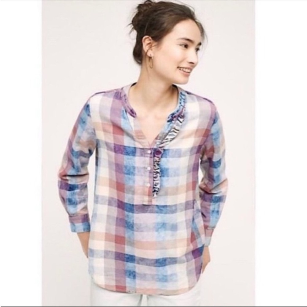 Isabella Sinclair by Anthropologie Plaid Ruffle Button Down top cottage boho - Picture 2 of 8
